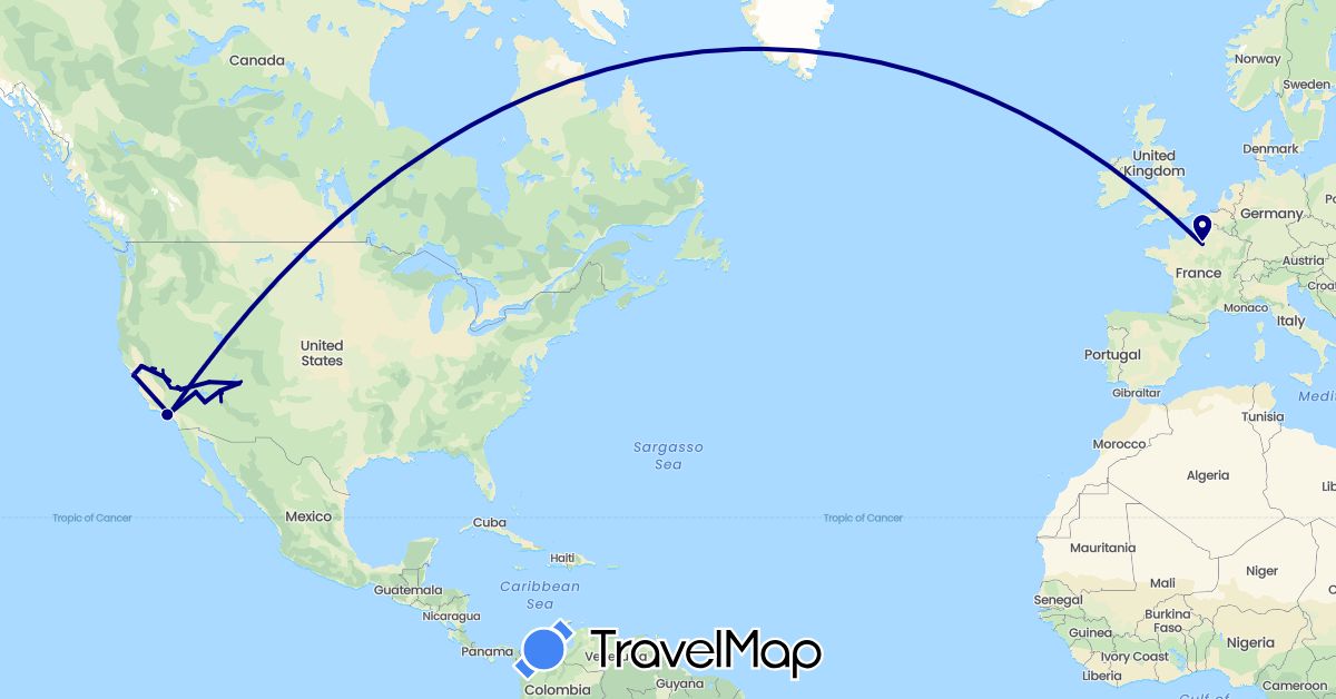 TravelMap itinerary: driving, train in France, United States (Europe, North America)